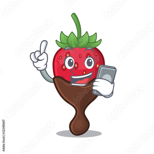 Chocolate strawberry Cartoon design style speaking on a phone