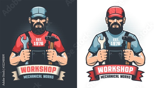 Repair workshop retro logo with handyman and tools. Bearded worker repairman - vintage emblem. Vector illustration.