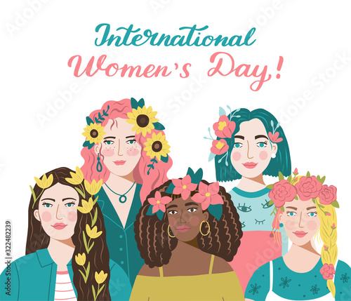 Women of different nationalities with flowers in their hair. International Women's Day 8 March banner. Vector illustration.