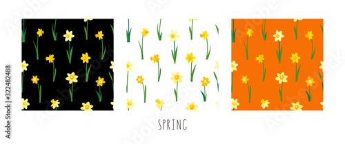 Vector set of floral seamless patterns with yellow daffodils isolated on white black and orange background. Endless texture. Bright fabric print for greeting card template. Lettering. Spring