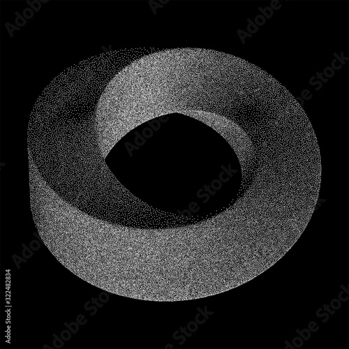 Mobius strip ring sacred geometry. Spatial figure with upturned surfaces. Optical illusion with dual circular contour. Dotwork Frame. Halftone Style Monochrome Gradient Illustration.