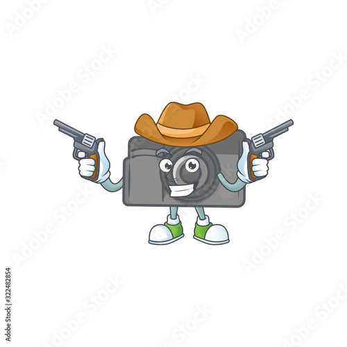 The brave of digital camera Cowboy cartoon character holding guns