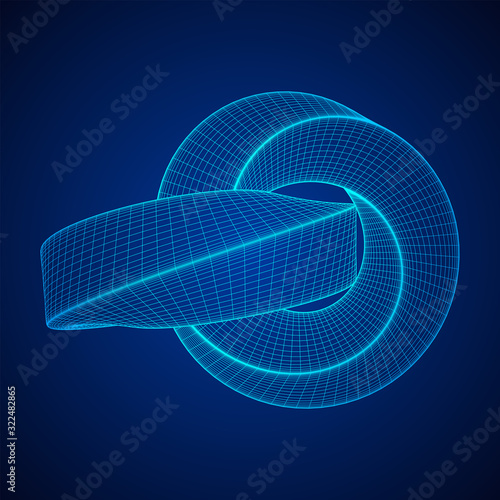 Mobius strip ring knot sacred geometry. Spatial figure with upturned surfaces. Optical illusion with dual circular contour. Wireframe low poly mesh vector illustration.