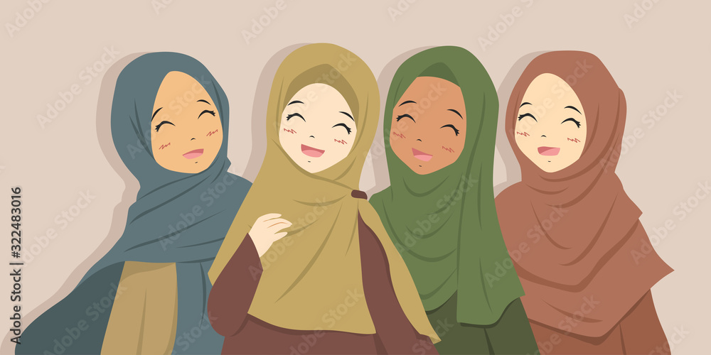 Happy Muslim best friends laughing together. Muslim women wearing hijab  cartoon vector. Stock Vector | Adobe Stock
