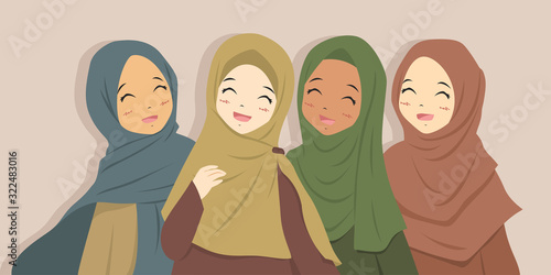 Happy Muslim best friends laughing together. Muslim women wearing hijab cartoon vector. photo