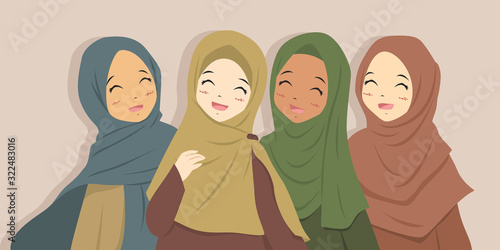 Happy Muslim best friends laughing together. Muslim women wearing hijab cartoon vector.