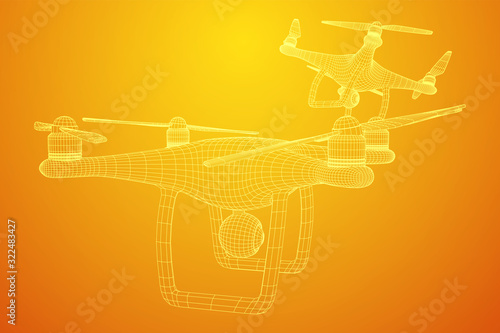 Remote control air drone. Dron flying with action video camera. Wireframe low poly mesh vector illustration