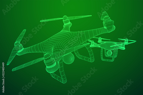Remote control air drone. Dron flying with action video camera. Wireframe low poly mesh vector illustration