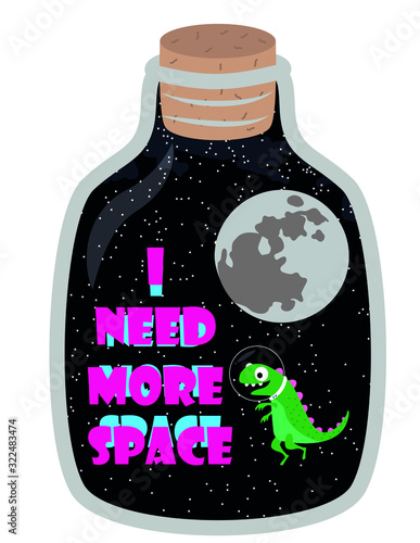 A bottle with space inside. Space logo. Doodle space logo isolated on white background. Hand drawn black sketch color vector illustration. Open space.