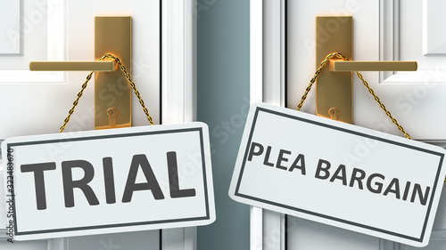 Trial or plea bargain as a choice in life - pictured as words Trial, plea bargain on doors to show that Trial and plea bargain are different options to choose from, 3d illustration photo