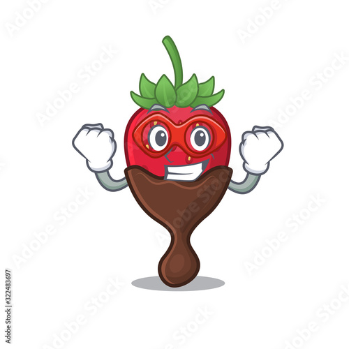 A cartoon concept of chocolate strawberry performed as a Super hero
