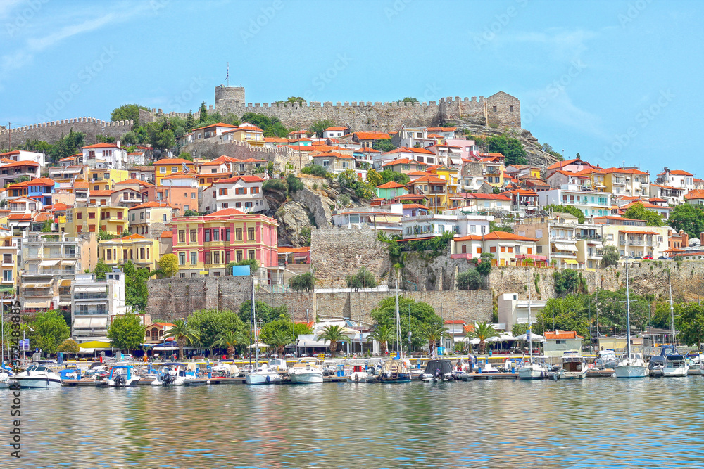 View of Kavala city. Medieval fortress on the hill. Eastern Macedonia. Greece.   