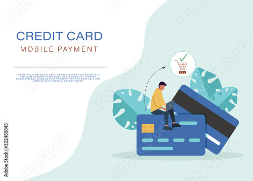 Banking concept illustration of man sitting on credit cards and using mobile smart phone for online banking and accounting. Flat men and women with credit cards. Vector