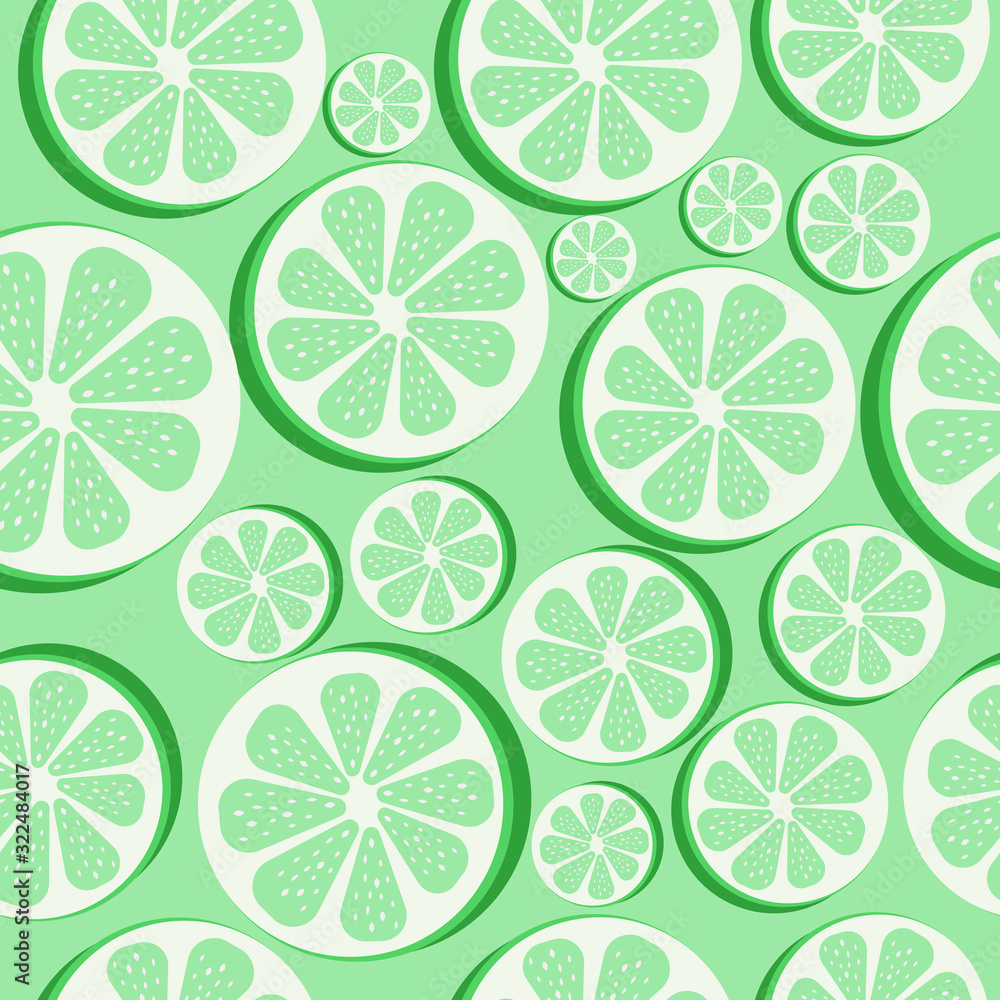 Green lime or lemon slices on dark turquoise background. Citrus fruit seamless vector pattern.