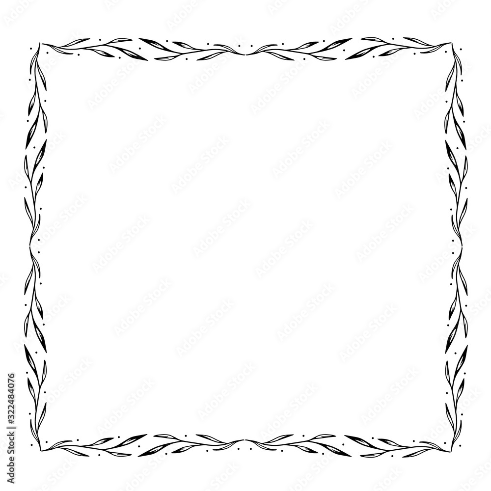 Square frame made of twigs. Simple hand-drawn doodle elements for decoration of invitations, posters, cards, social networks template. Stock vector illustration isolated on transparent background.