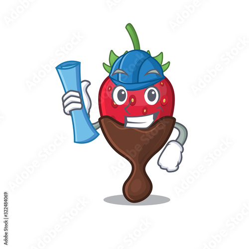 A success of chocolate strawberry Architect having blue prints and blue helmet