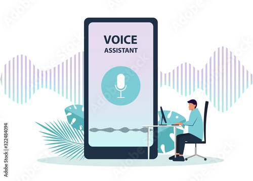 Male character using voice control for his phone. Isolated vector illustration of voice remote with character and phone.