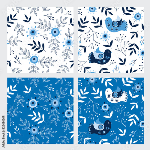 Seamless pretty pattern with decorative flowers, leaves and birds. Floral background for textile, fabric manufacturing, wallpaper, covers, surface, print, gift wrap, scrapbooking.