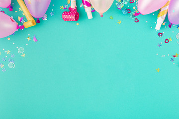 Decoration party. Balloons and various party decorations copy space top view