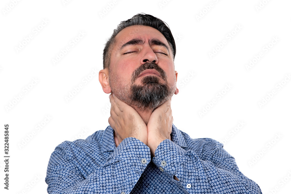 Head shot portrait man touch neck feels pain in throat Head shot portrait man touch neck feels pain in throat