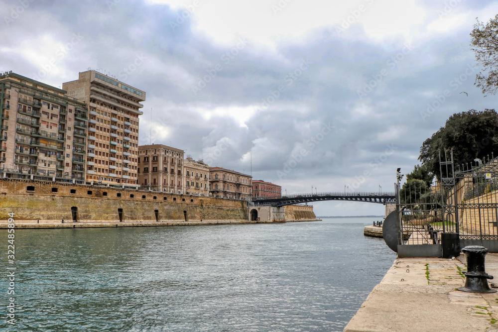 Overview of the Bridge of San Francesco di Paola, commonly called Ponte Girevole and the waterway in Taranto, Puglia, Italy 