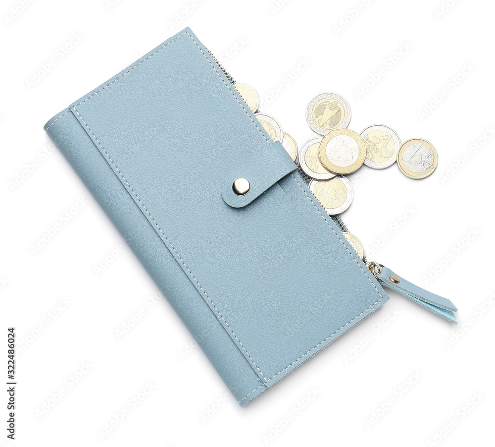 Wallet with coins on white background. Savings concept Wallet with coins on white background. Savings concept