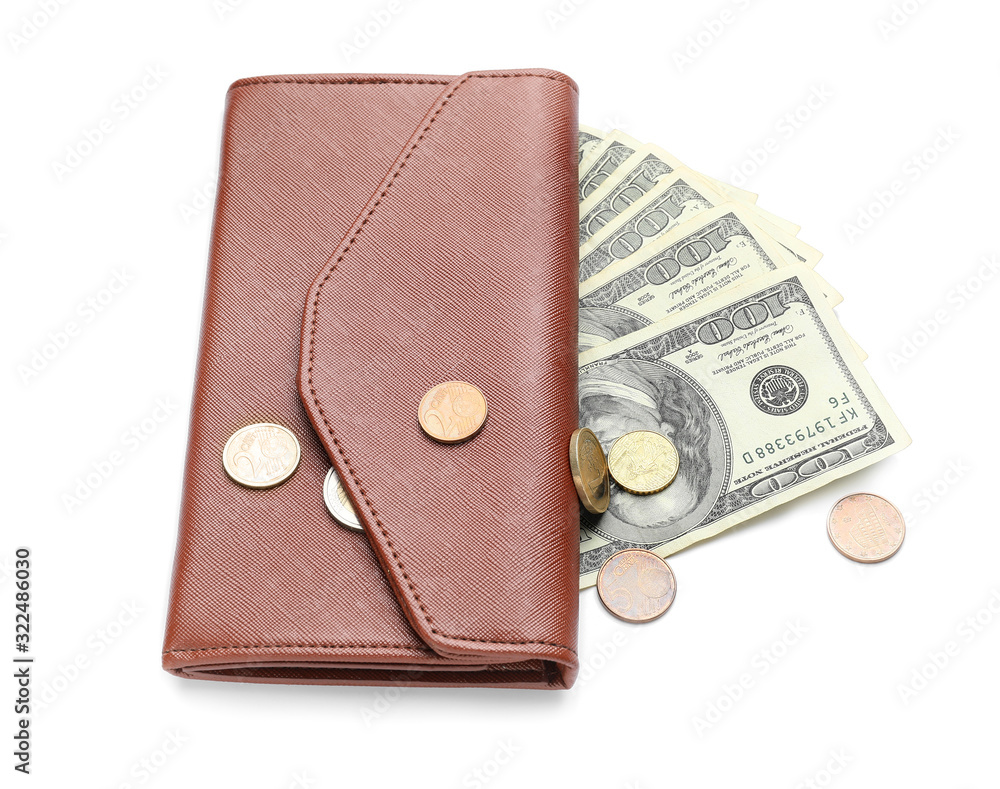 Wallet with money on white background. Savings concept Wallet with money on white background. Savings concept