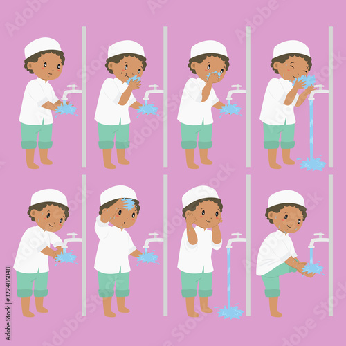 Muslim African American boy perform ablution steps, to clean self before prayer or shalat. Ablution steps for children vector collection