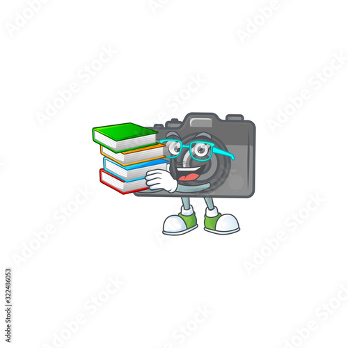 A brainy clever cartoon character of digital camera studying with some books