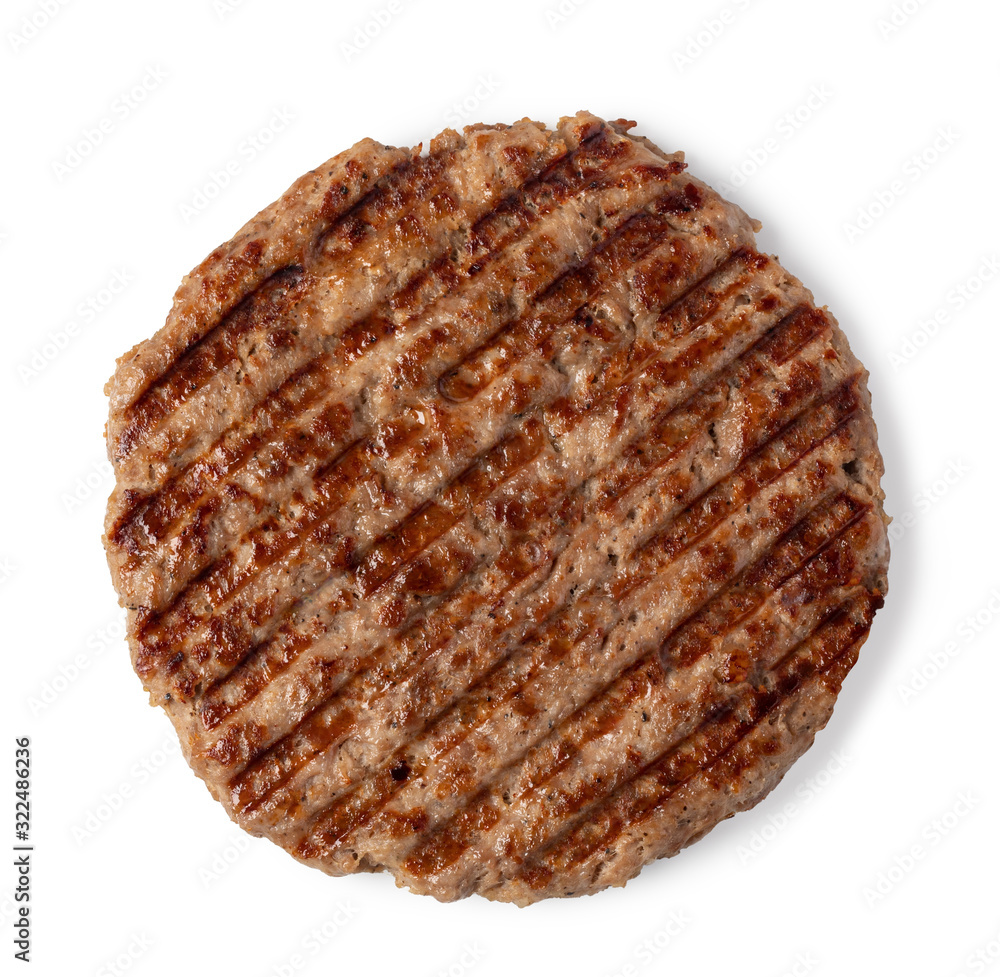 freshly grilled burger meat on white background