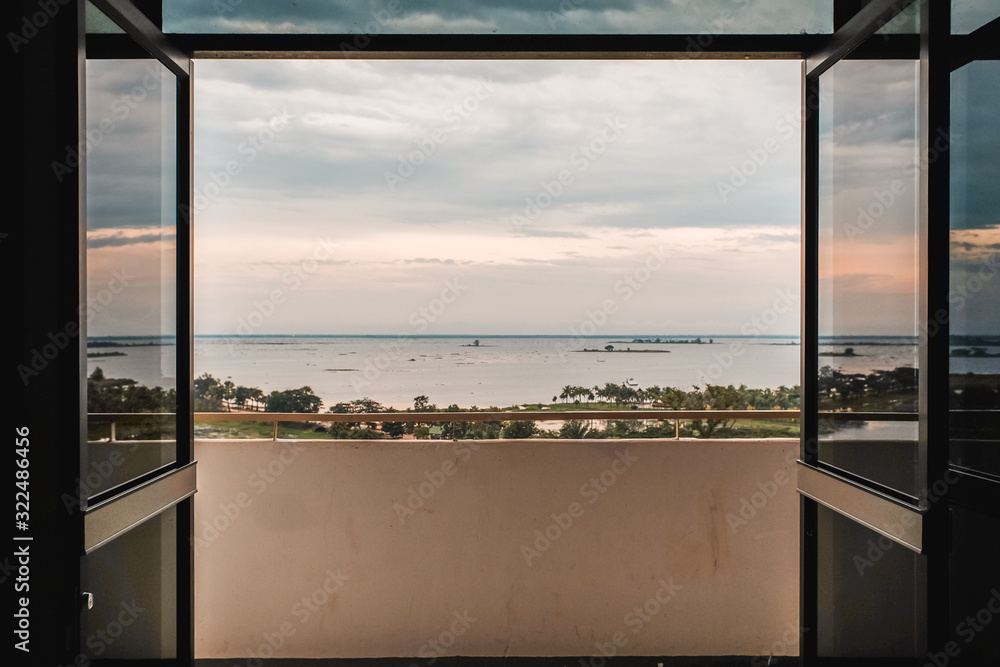 Glass door  with river view background