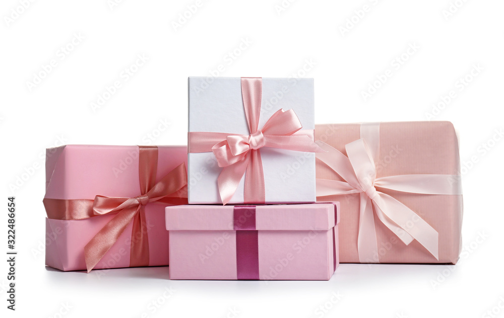 Obraz premium Beautiful gift boxes on white background
