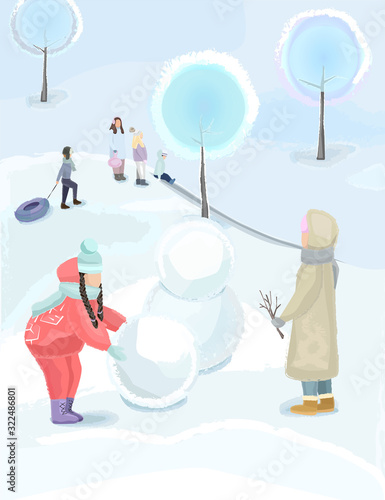 Children walking in the Park, vector illustration