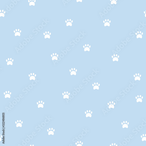 Animal seamless pattern. Pawprint in blue background. Pattern for textile, fabric and paper. Vector illustration in cute cartoon style