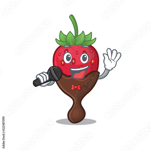 Happy chocolate strawberry singing on a microphone