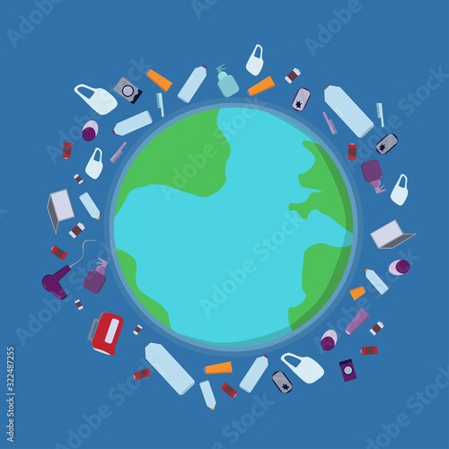 Planet Earth littered with waste concept. Garbage. Enviromental issues. Isolated vector illustration.