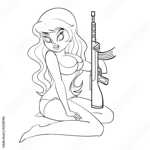 sexy woman holding assault rifle and pistol, outline drawing,