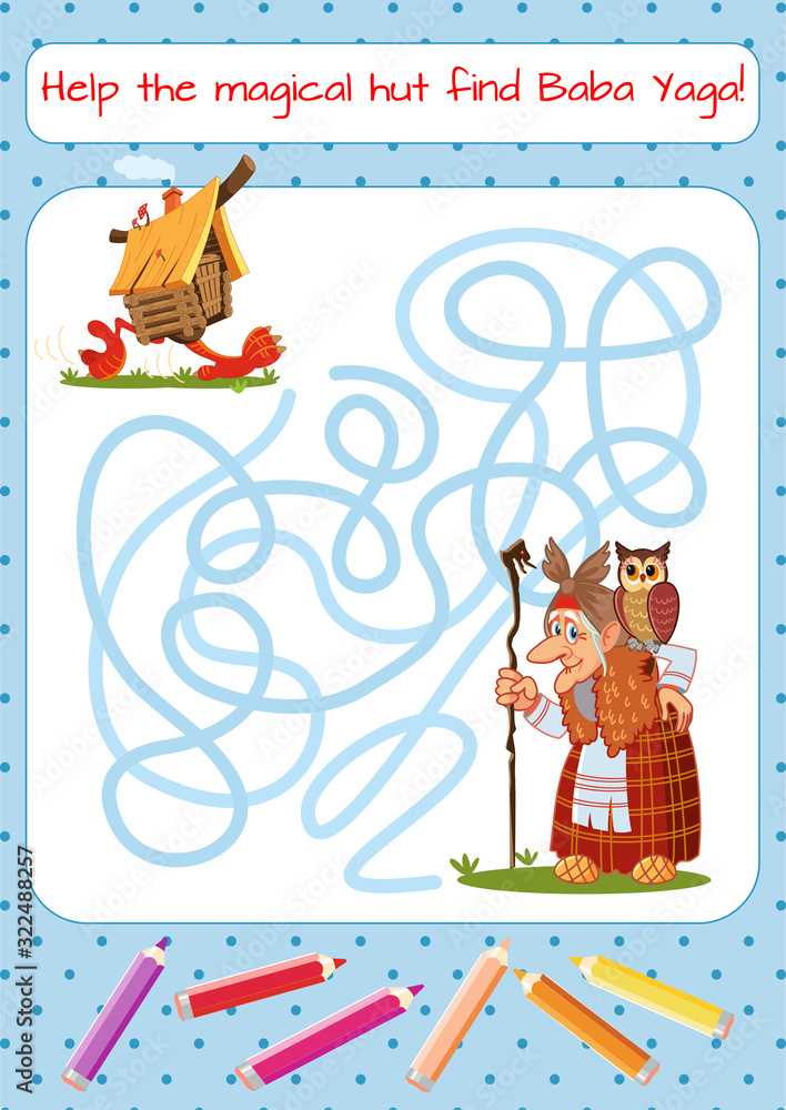 Funny old witch with a staff and an owl. Help the magical hut find Baba Yaga. Educational game for children. Cartoon vector illustration. Maze. Stock Vector | Adobe Stock Funny old witch with a staff and an owl. Help the magical hut find Baba Yaga. Educational game for children. Cartoon vector illustration. Maze. Stock Vector | Adobe Stock
