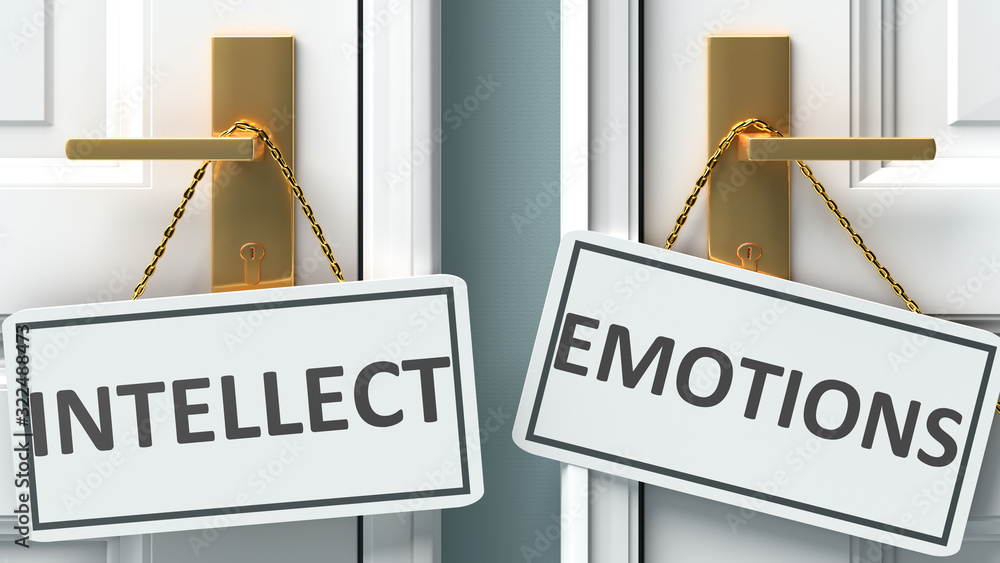 Intellect or emotions as a choice in life - pictured as words Intellect, emotions on doors to show that Intellect and emotions are different options to choose from, 3d illustration - obrazy, fototapety, plakaty 