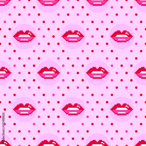 Retro 8-bit pixel lips & polka dots fabric pattern
