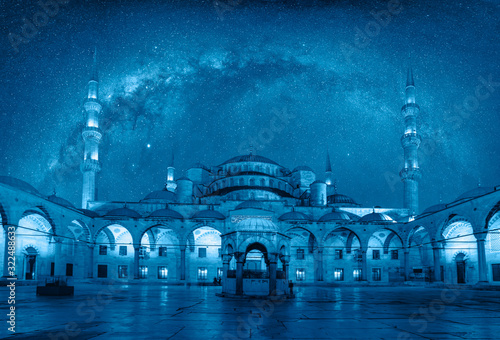 Photography Blue Mosque (Sultanahmet Camii) against spiral galaxy milky way at dusk, Istanbu