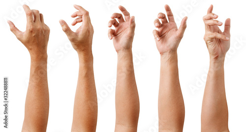 GROUP of Male Asian hand gestures isolated over the white background. Soft Grab Action. Touch Action. photo