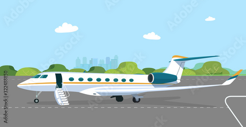 Business jet with an open passenger door and a ramp on the take-off field. Vector flat style illustration.