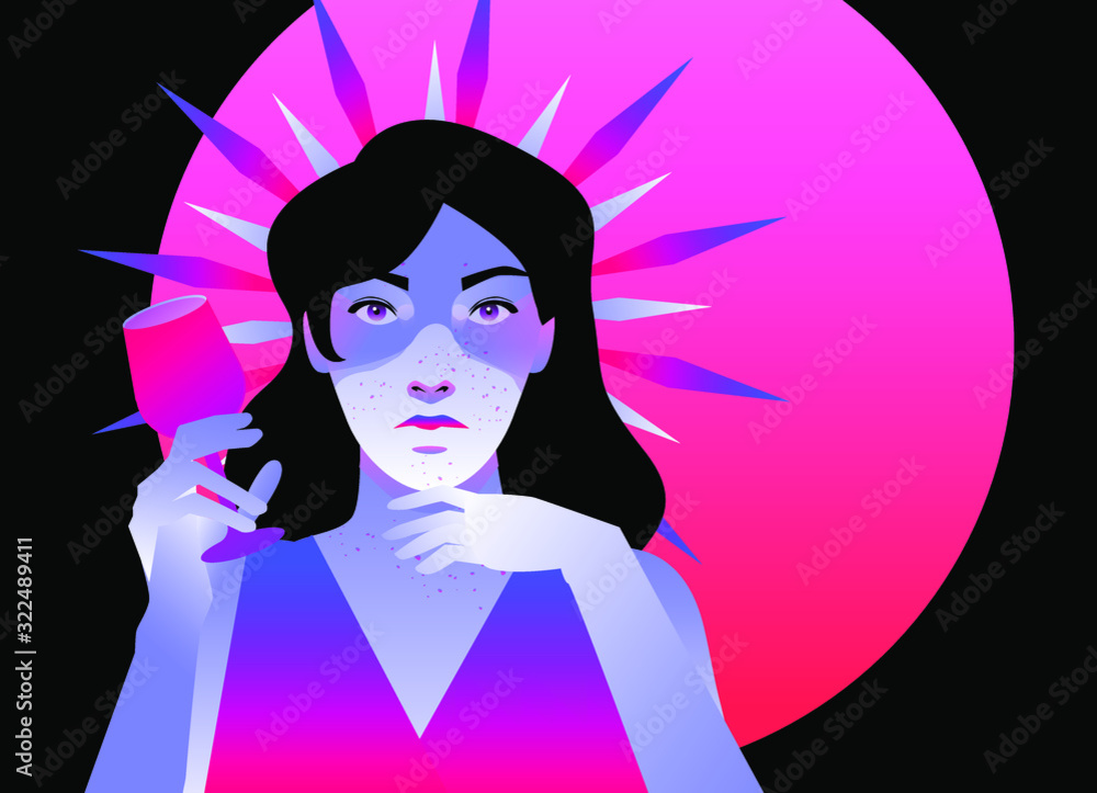 Silhouette of woman drinking wine with shadowed face in neon lightning. Concept neo noir vector ilustration of personage in mysterious suspense atmosphere. Silhouette of woman drinking wine with shadowed face in neon lightning. Concept neo noir vector ilustration of personage in mysterious suspense atmosphere.