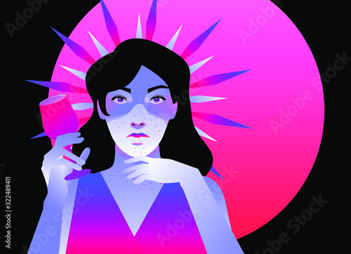 Silhouette of woman drinking wine with shadowed face in neon lightning. Concept neo noir vector ilustration of personage in mysterious suspense atmosphere.