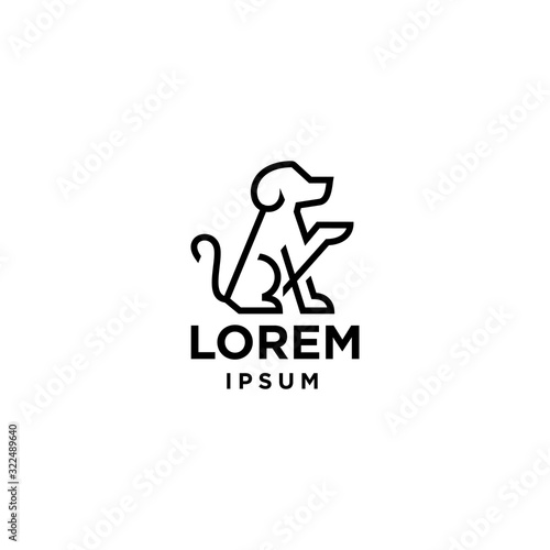 sitting dog logo icon vector in line outline abstract art style, animal sit with hand up symbol of lucky or good luck