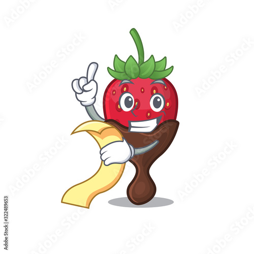 A funny cartoon character of chocolate strawberry holding a menu