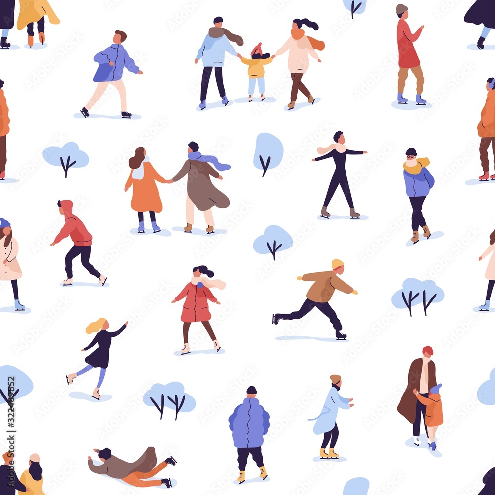 Different people skating on rink seamless pattern. Crowd of men, women and children enjoying ice skates outdoor activities isolated on white. Colorful cartoon families having fun at winter season