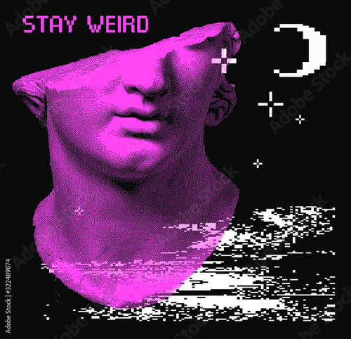 Vector pixel art ilustration with old antique Greek sculpture. Vaporwave and retrowave style collage, postmodern aesthetics.