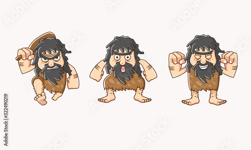 set character of a cave man in stone age with different style, facial expression and carrying bat vector illustration